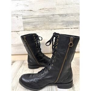Timberland Womens 7 Black Leather Earthkeepers Combat Moto Ankle Boots Lace Up